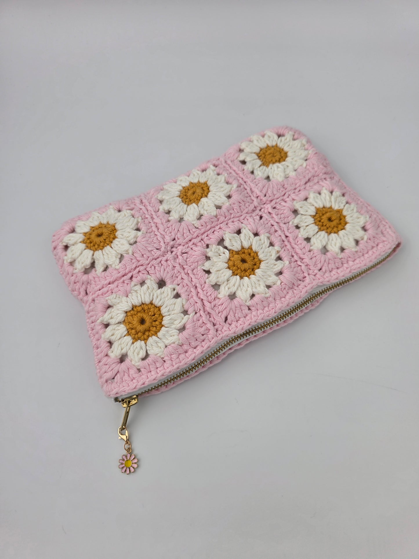 Crochet Pink Daisy 'Granny Square' Pouch / Make-up Bag - Handmade - Pre-Order