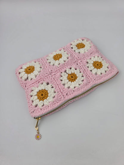 Crochet Pink Daisy 'Granny Square' Pouch / Make-up Bag - Handmade - Pre-Order