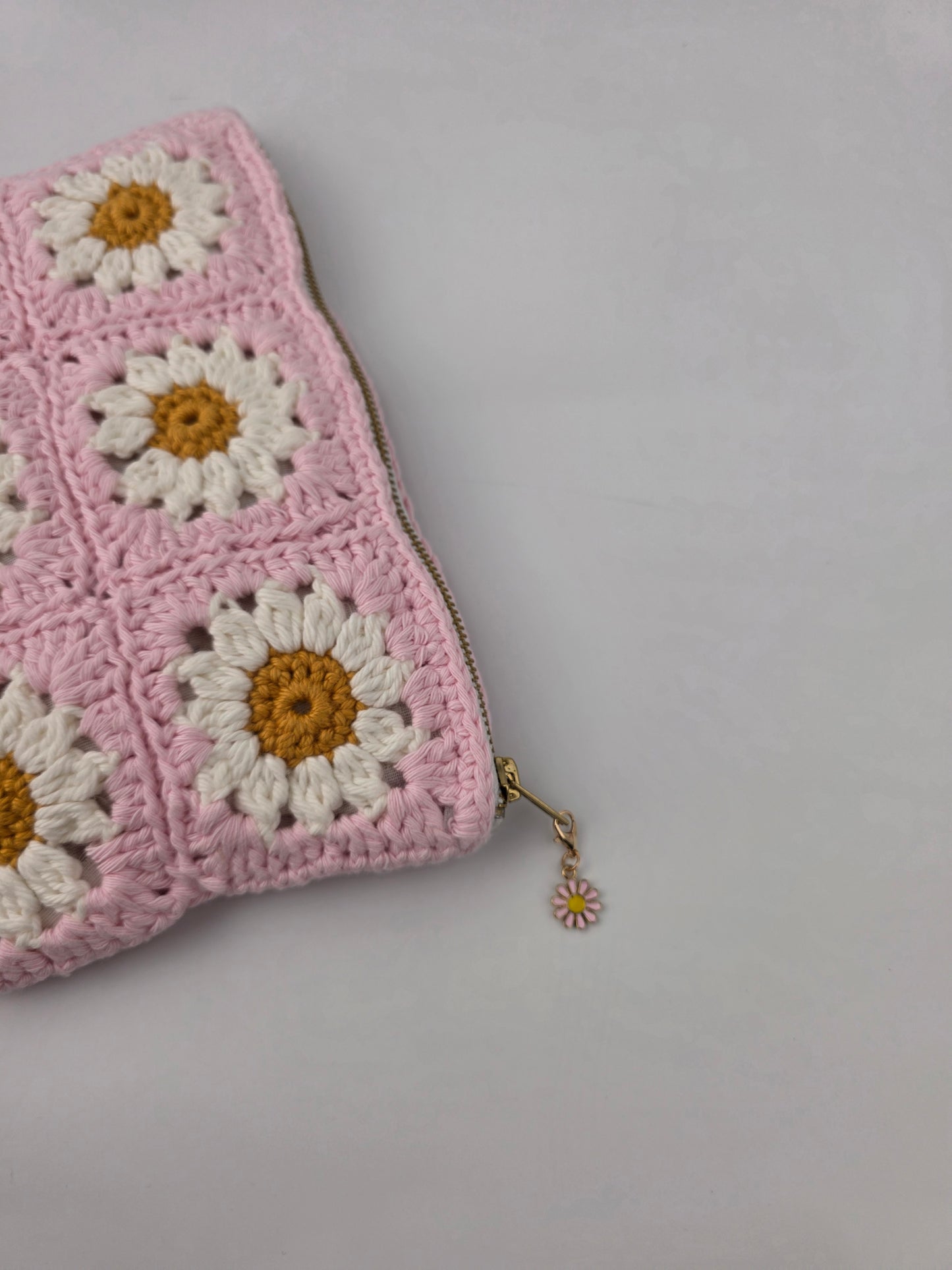 Crochet Pink Daisy 'Granny Square' Pouch / Make-up Bag - Handmade - Pre-Order