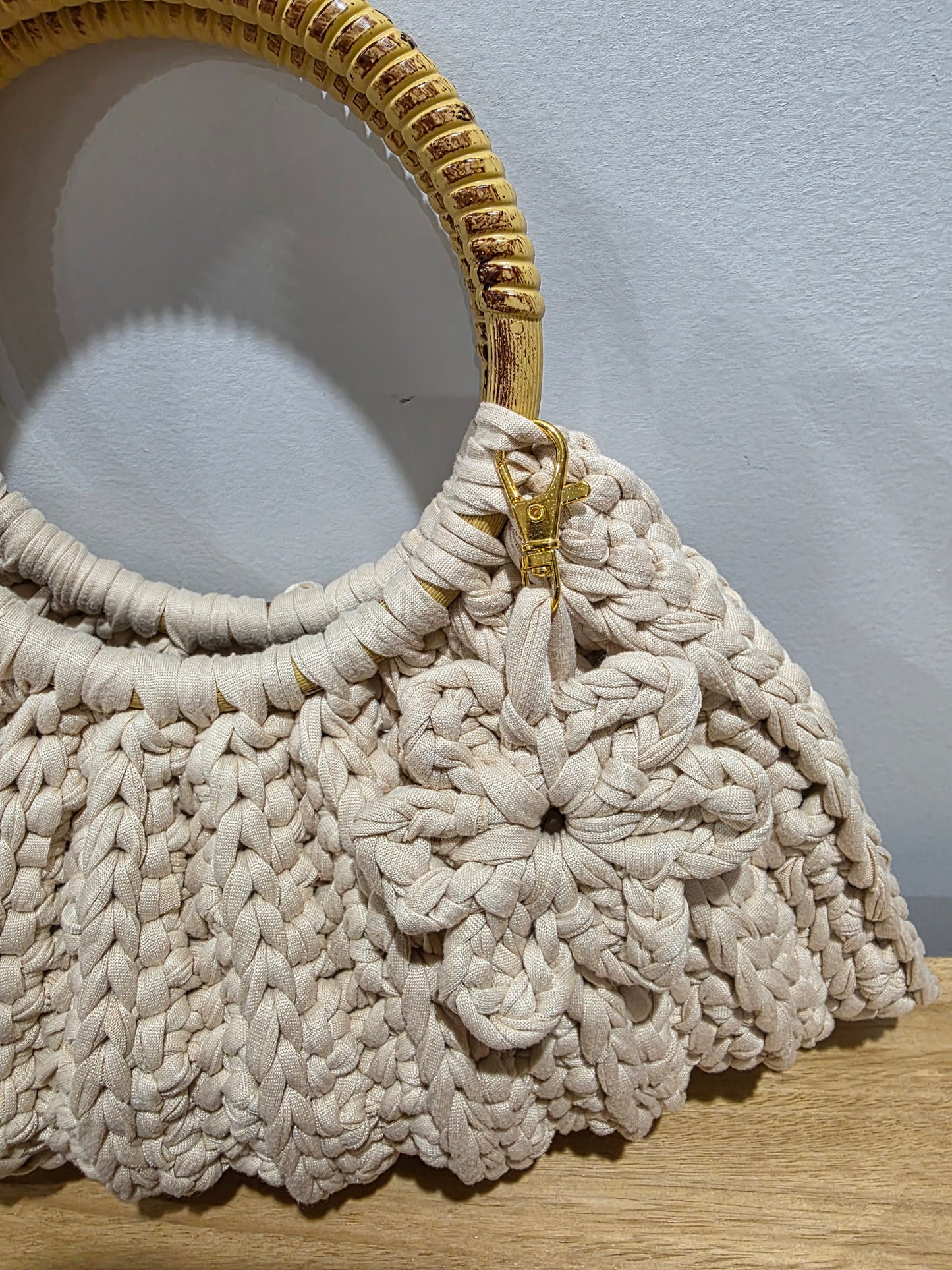 'Sally' Crochet Bag With Wooden Handles Handmade - Ready to Ship