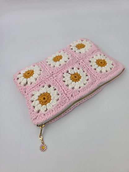 Crochet Pink Daisy 'Granny Square' Pouch / Make-up Bag - Handmade - Pre-Order