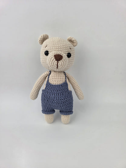 Handmade Crochet Teddy Bear Soft toy - Blue Overalls